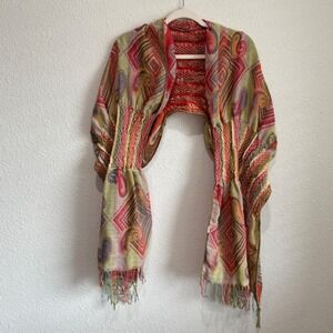 Boho Geometric Paisley Smocked Shrug Wrap Fringe Trim Red Green Orange One Size